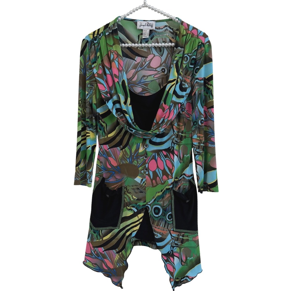 Joseph Ribkoff Vintage Y2K Abstract Cowl Neck Tunic Top w/ Pockets EUC 6 Artsy